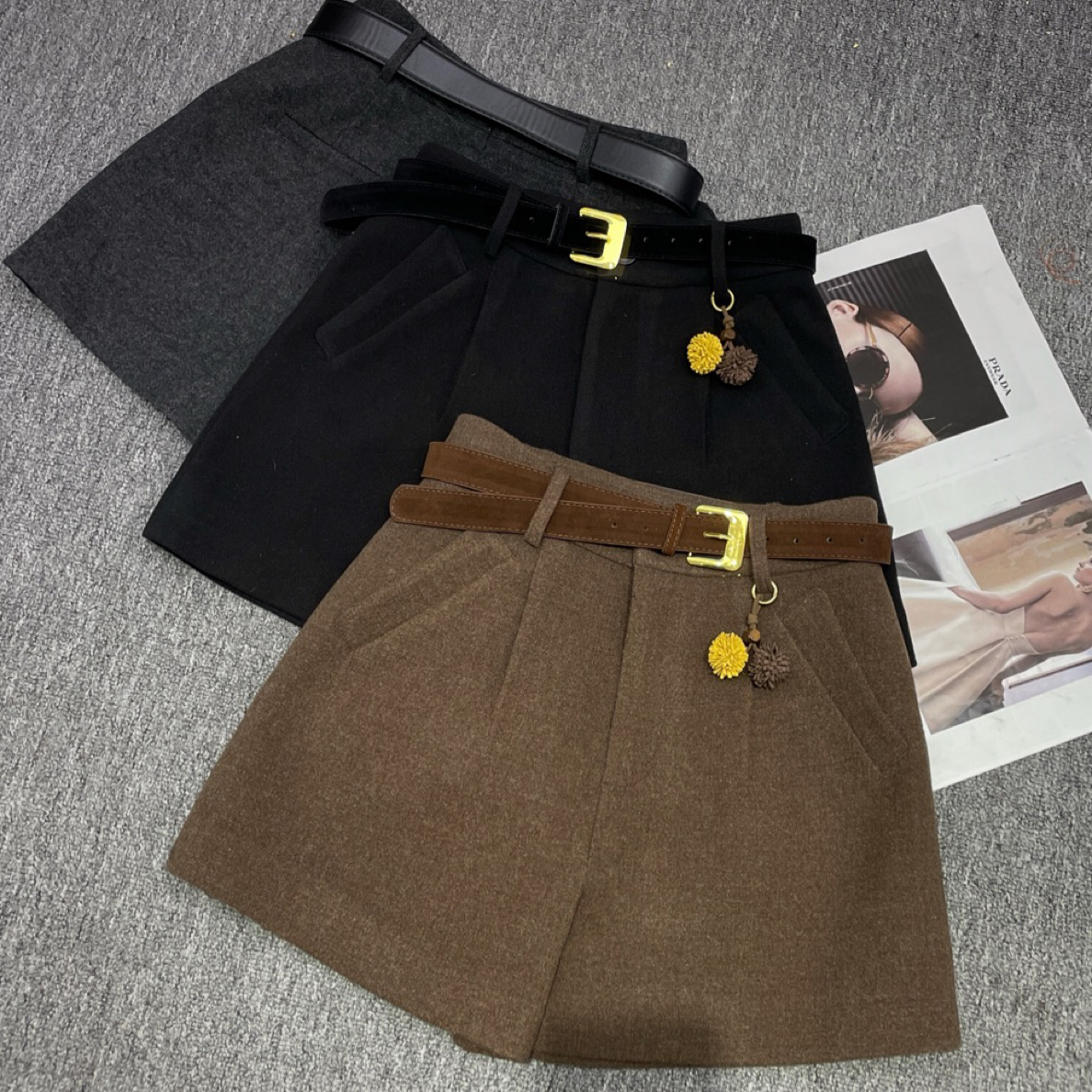 83066毛呢短裤女秋冬高腰显瘦A字阔腿裤靴裤百搭外穿休闲裤