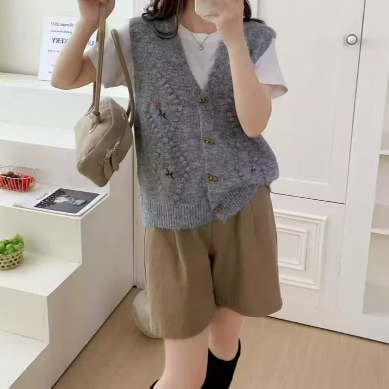 秋冬手工花针织女开衫马夹韩版毛衣叠穿无袖上衣555（HS）(c2-3)