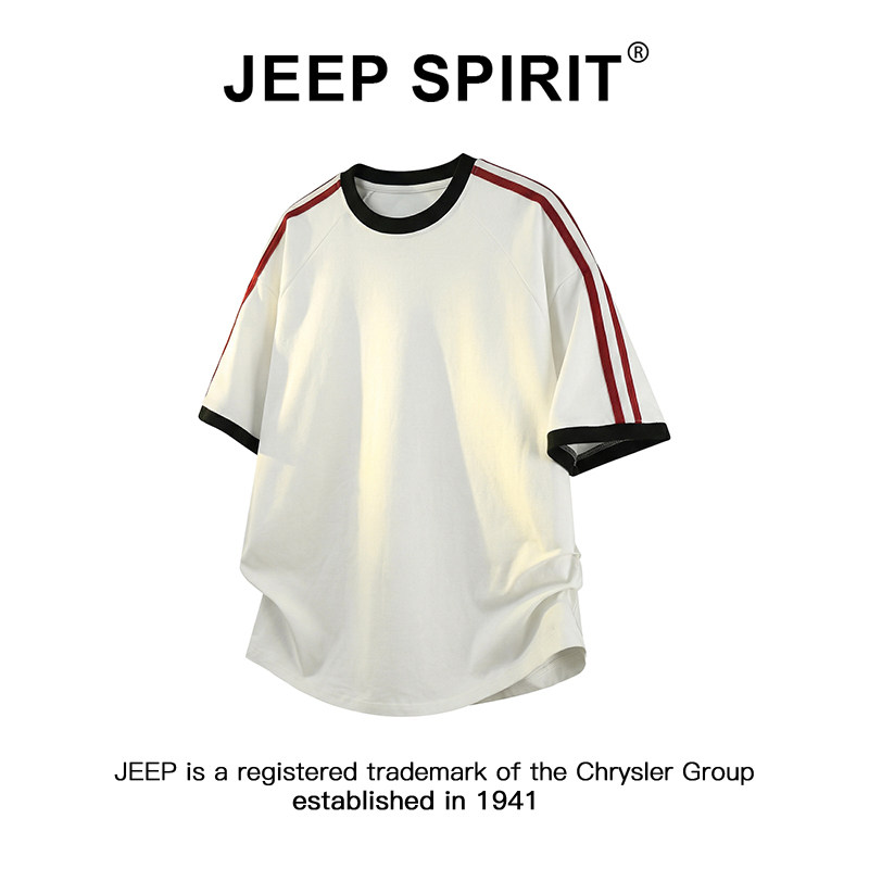 JEEPSPIRIT吉普美式撞色条纹拼接短袖T恤男女夏季重磅五分袖上衣