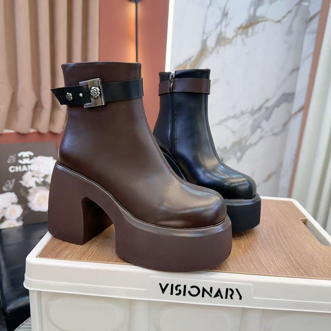 及踝靴新款真皮厚底粗跟圆头短靴9cm增高切尔西靴马丁靴女3818-8