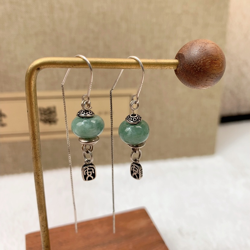 s925银时尚气质复古原创Diy国风民族风天然翡翠算盘珠耳线耳饰331