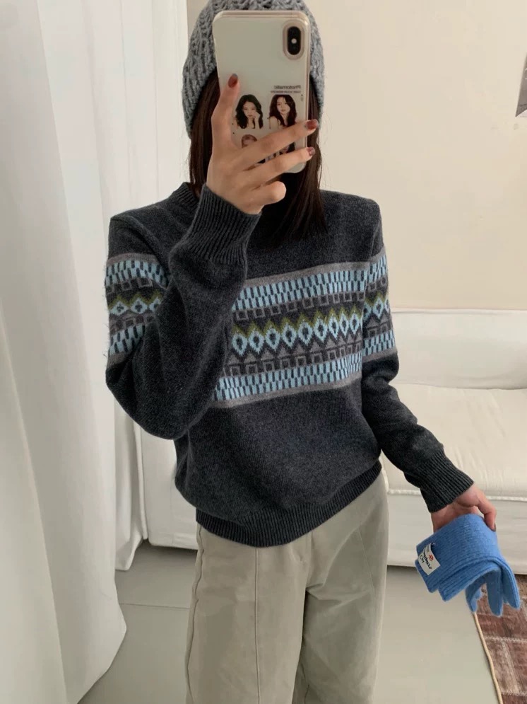 "撞色费尔岛"巨好看舒适的针织毛衫软糯提花套头长袖毛衣女
