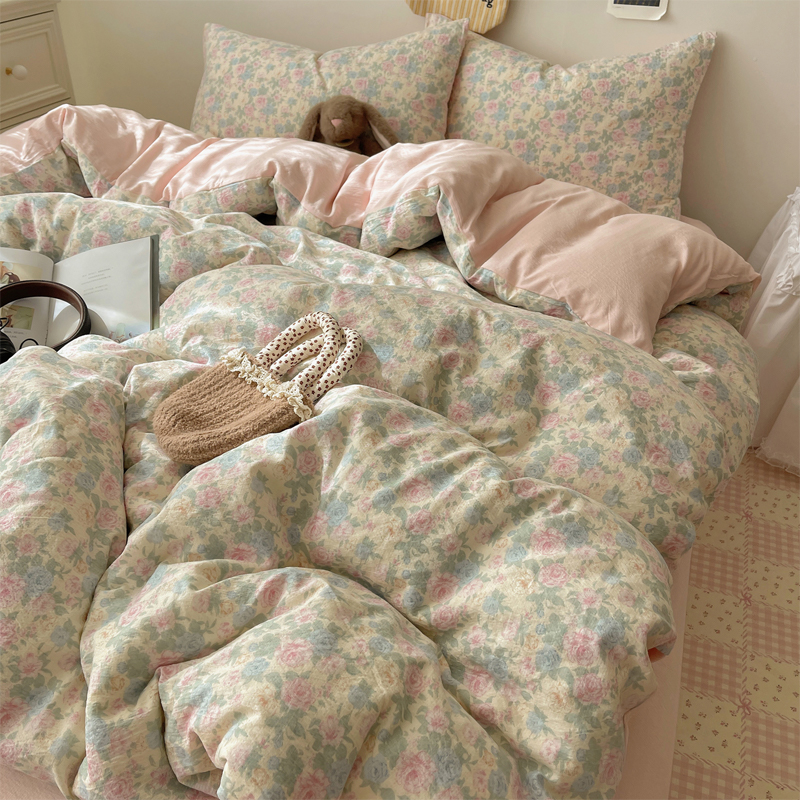 奶油风双层纱四件套秋季新款四季通用透气床单被套卧室床上三件套