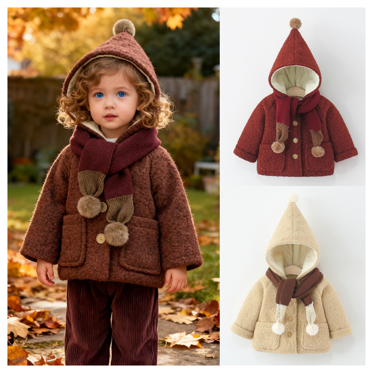 儿童冬季加厚加绒棉衣 男女宝宝中长款纯色连帽外出服外套秋冬