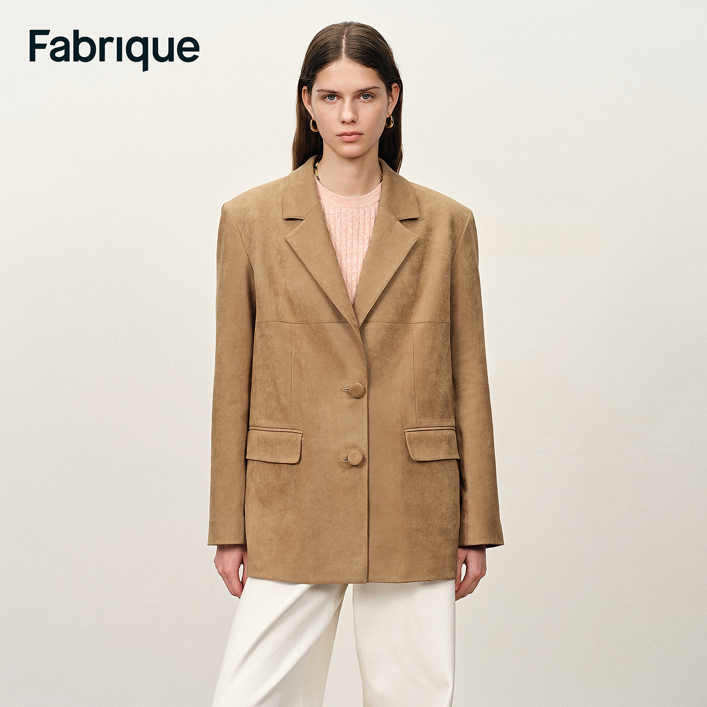 Fabrique Kendall 早春新品沙丘色仿麂皮绒平驳领直身西装外套