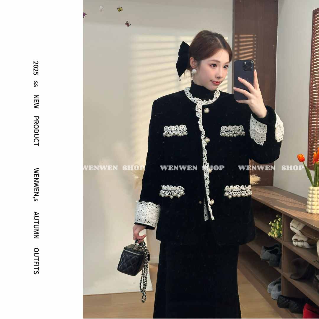 【小闻定制】冬季新款气质小香风蕾丝碎花拼接羽绒外套长裙258074