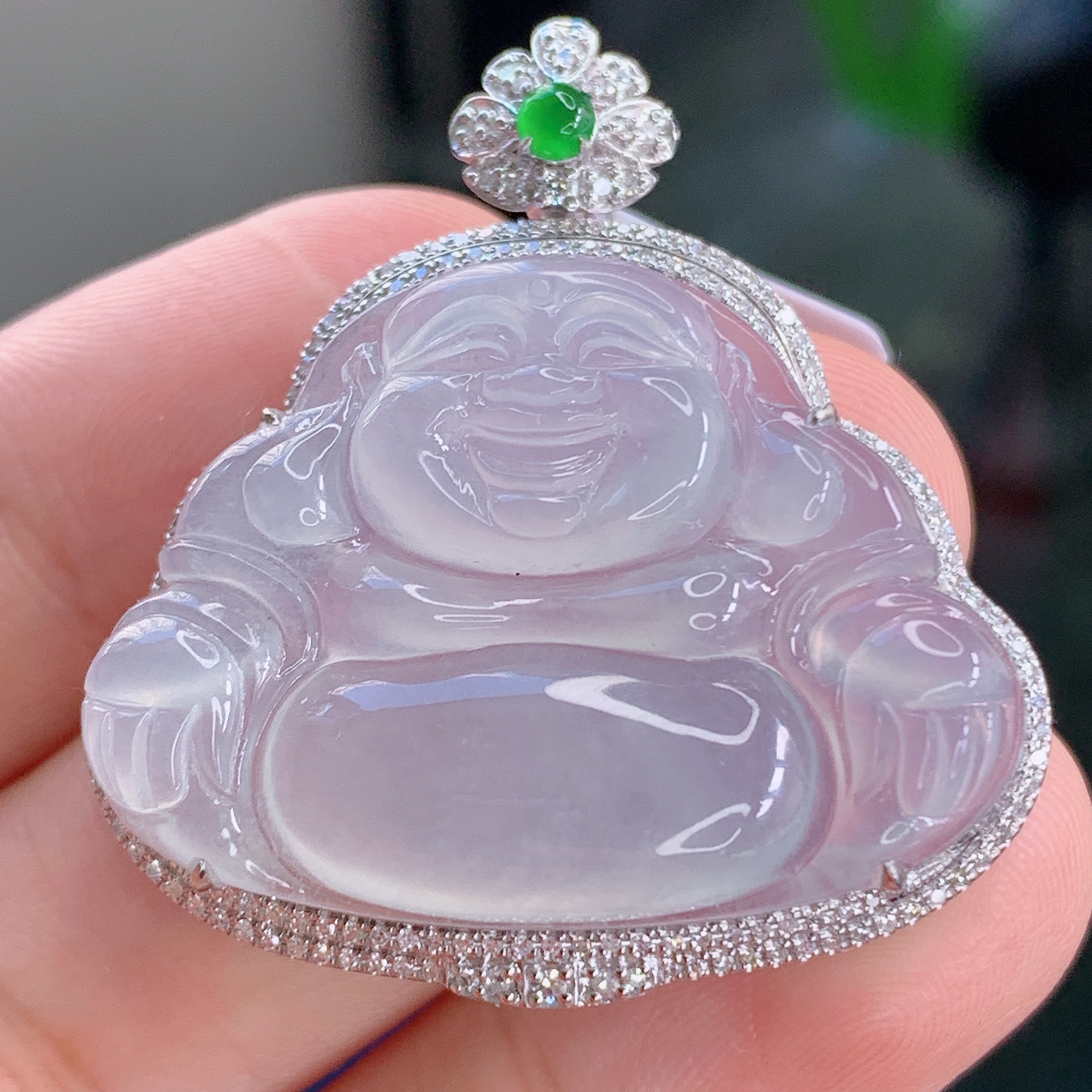 天然缅甸A货冰种冰透饱满翡翠佛公吊坠18k金镶嵌玉挂件