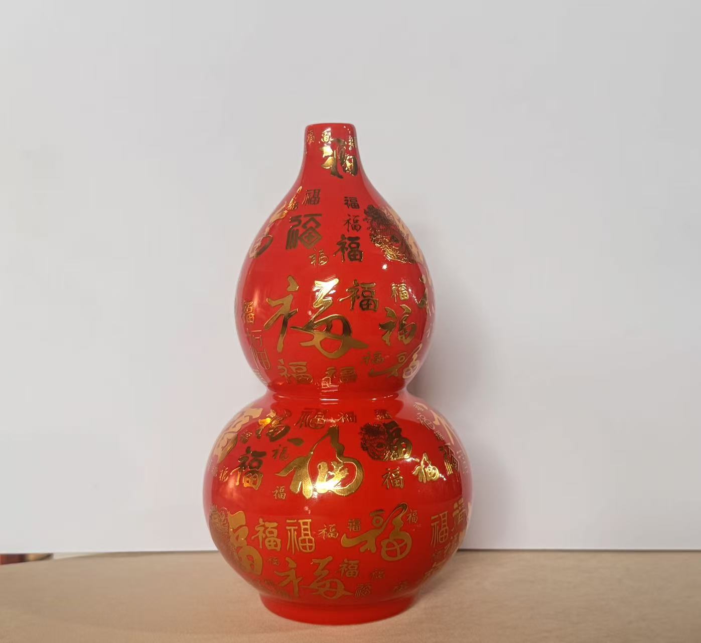 景德镇高温制作金福送喜中国红釉葫芦摆件