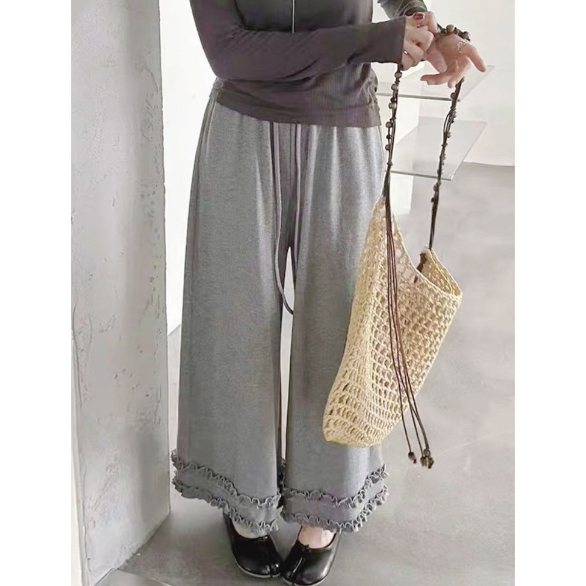 韩版慵懒风简约百搭松紧腰休闲裤木耳边拼接设计感长裤3216#0.13