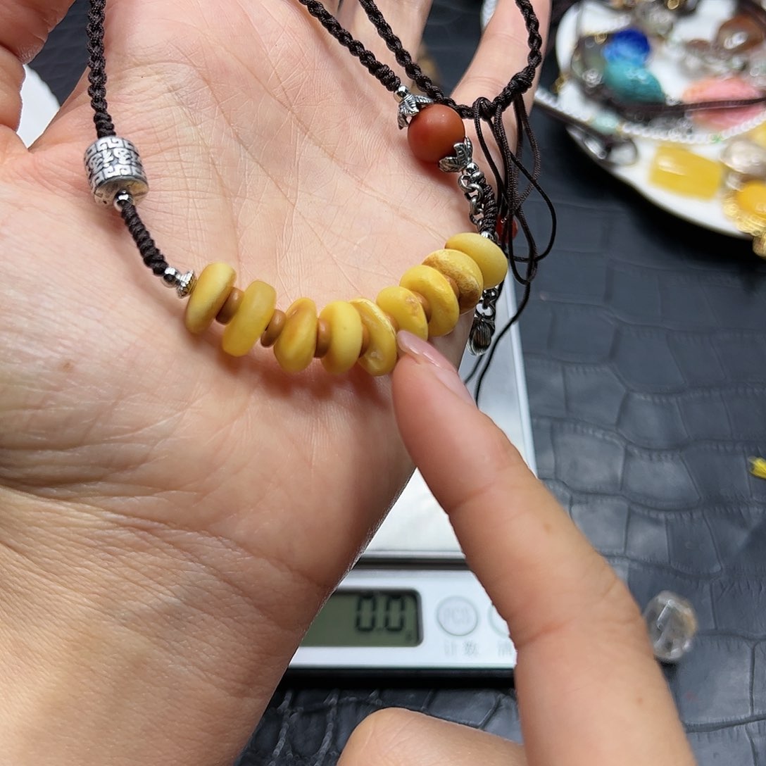 银S925镶嵌手链烟晶蜜蜡饼项链