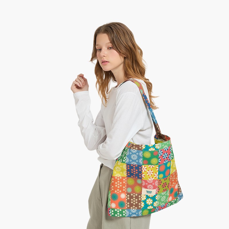 BIKKIE方格太阳花 单肩包高级感碎花布包撞色环保布袋