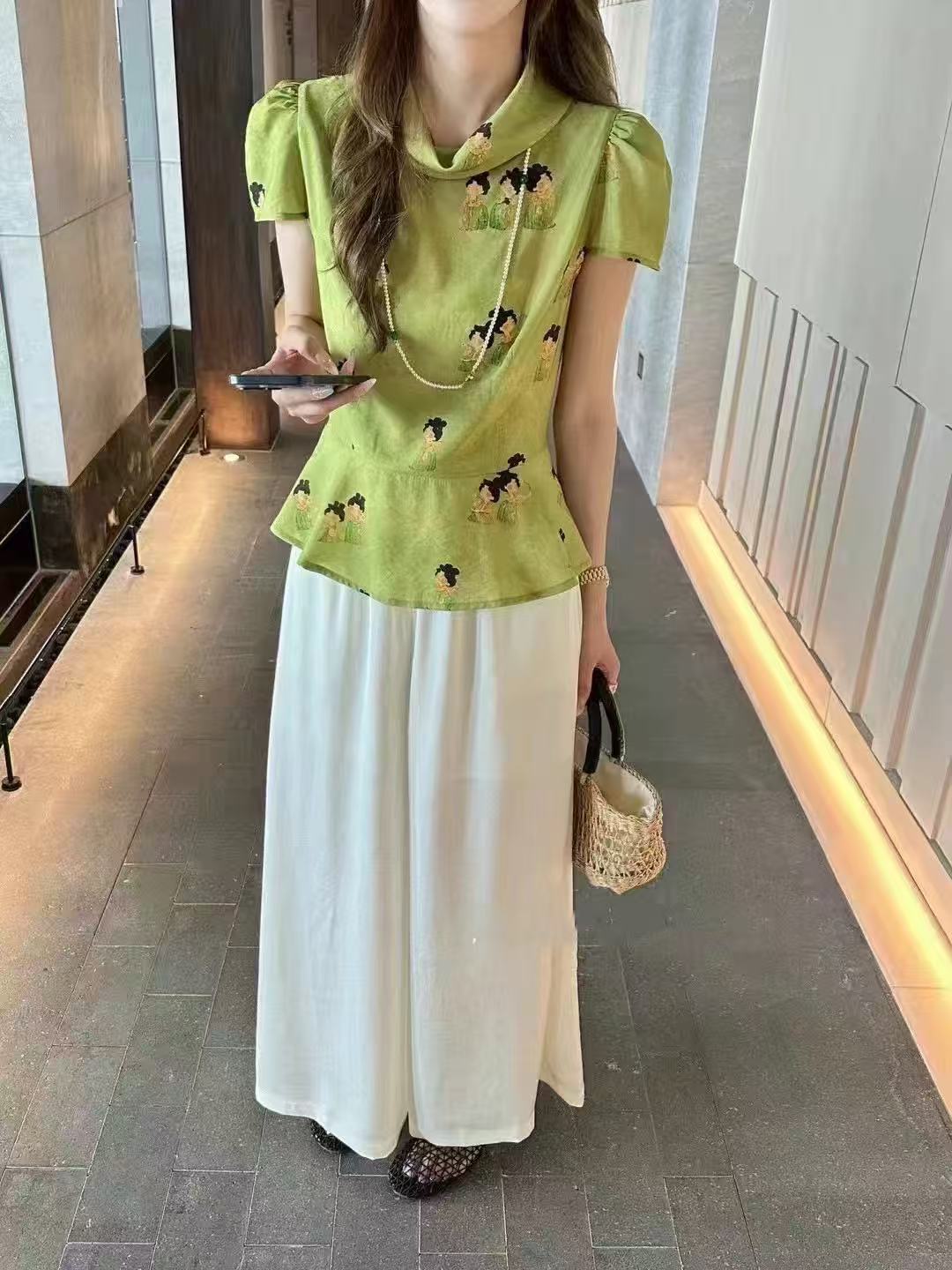 【4号链接】民族风中国风慵懒风时尚套装印花衬衫短袖显瘦女装