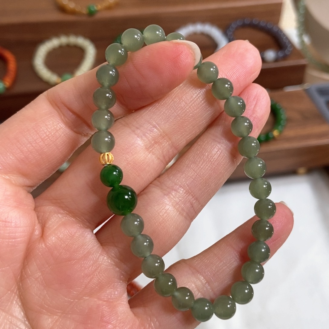 和田玉手链银S925镶嵌6mm冰湖水绿