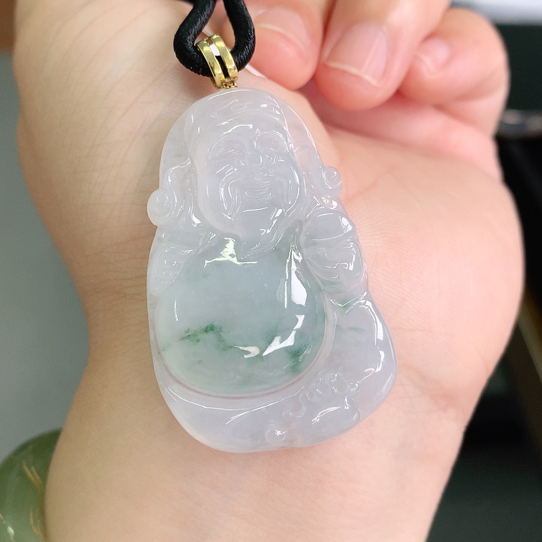 翡翠18K金镶嵌颈饰飘绿大财神爷45-29-6如