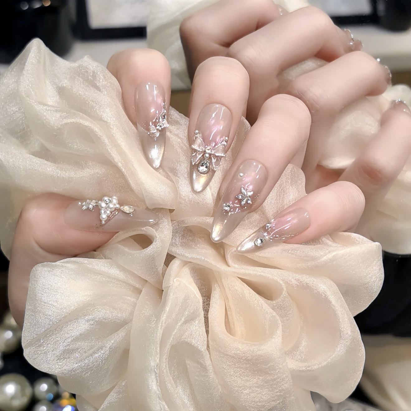 【冰晶公主】法式双色猫眼蝴蝶结锆石堆钻气质少女7121501纯手工