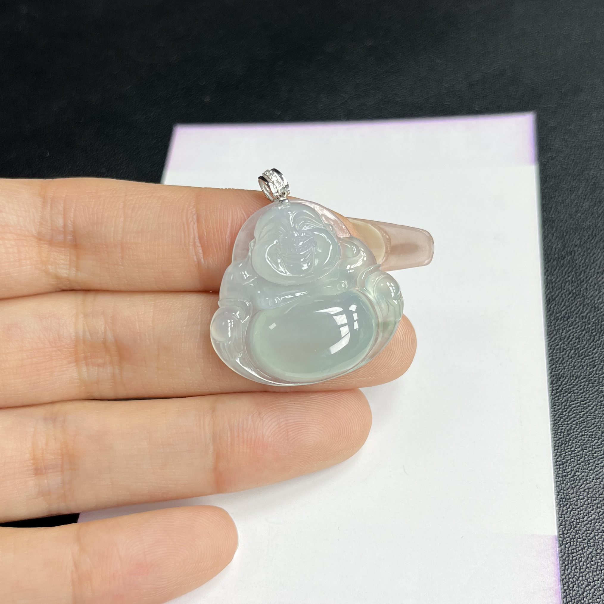 于于珠宝-天然A货缅甸翡翠冰种晴水佛公玉石吊坠26.3×27.9×6.3mm