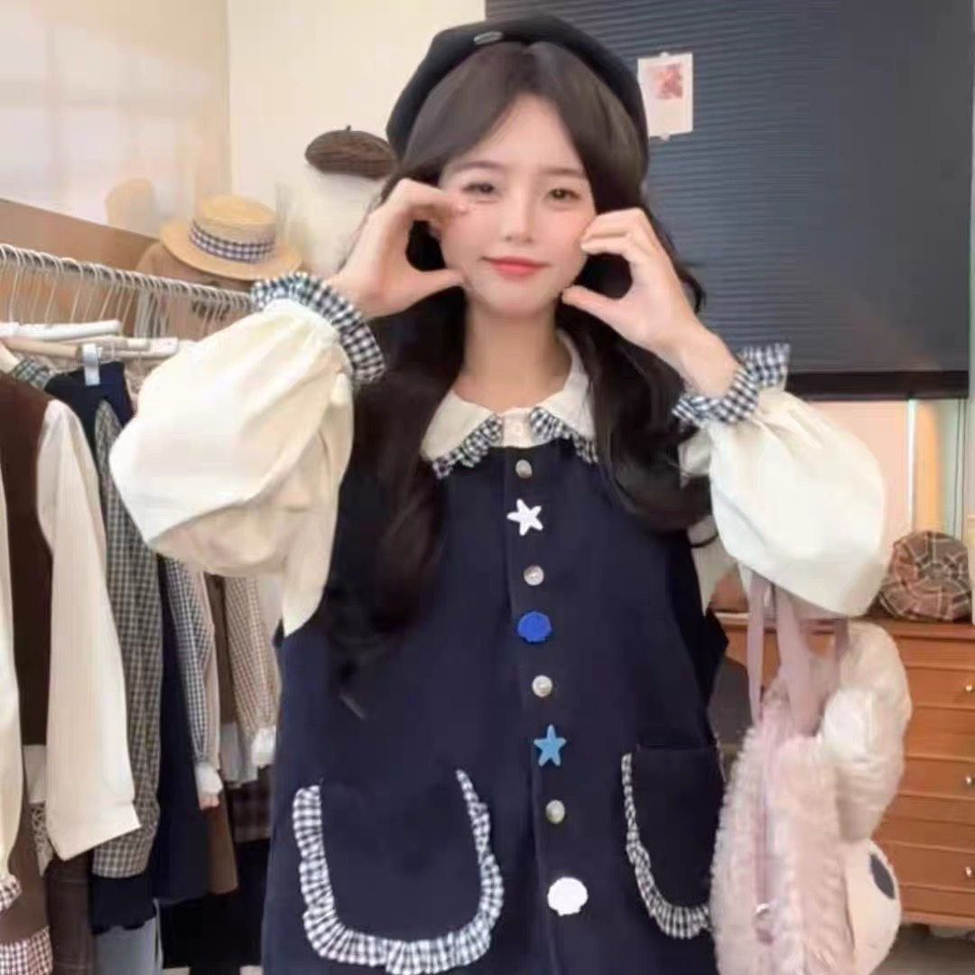 少女风森系娃娃领衬衫搭配复古马甲高腰半身裙套装
