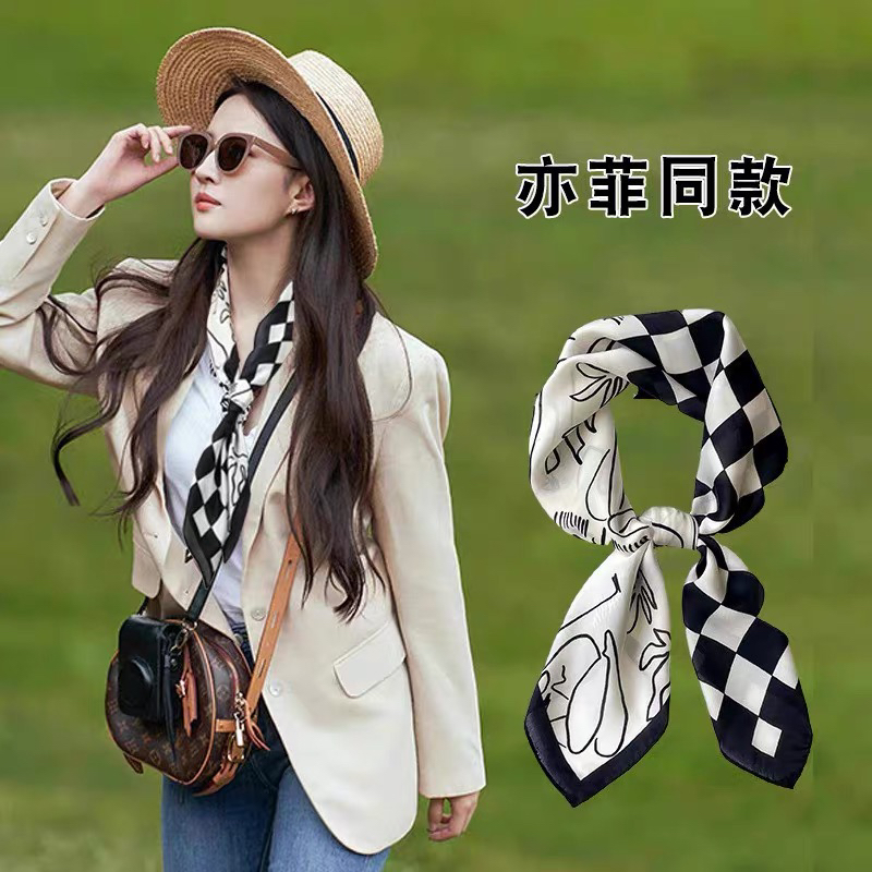 洋气时髦丝巾黑白棋盘格线条简笔插画方巾复古百搭旅游发带头巾女