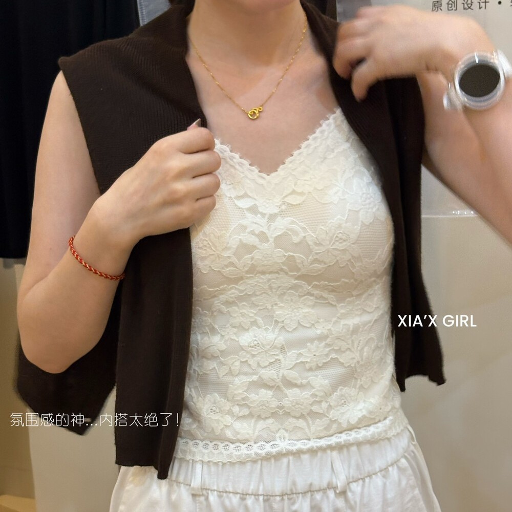 婴儿肌磨毛吊带背心女内搭胸垫一体式杯垫睫毛蕾丝纯欲风美背内衣