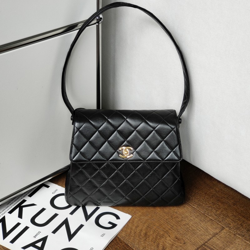 95新 Chanel/香奈儿  黑金中古羊皮kelly腋下单肩包 52109