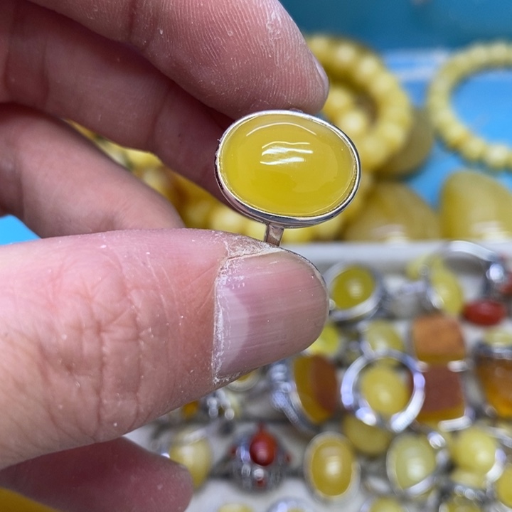 蜜蜡裸石银S925镶嵌戒指