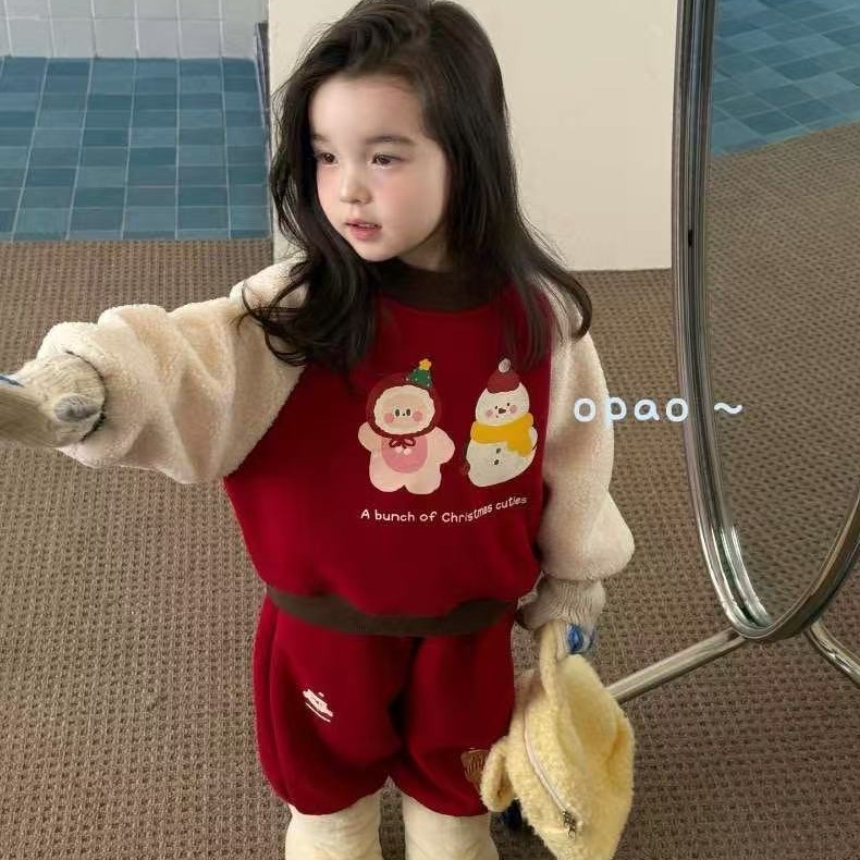 opao 25深秋冬女童加绒套装红色圣诞年款