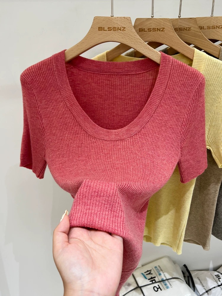 韩版新款高级感简约时尚百搭洋气修身显瘦U领纯色针织短袖T恤上衣