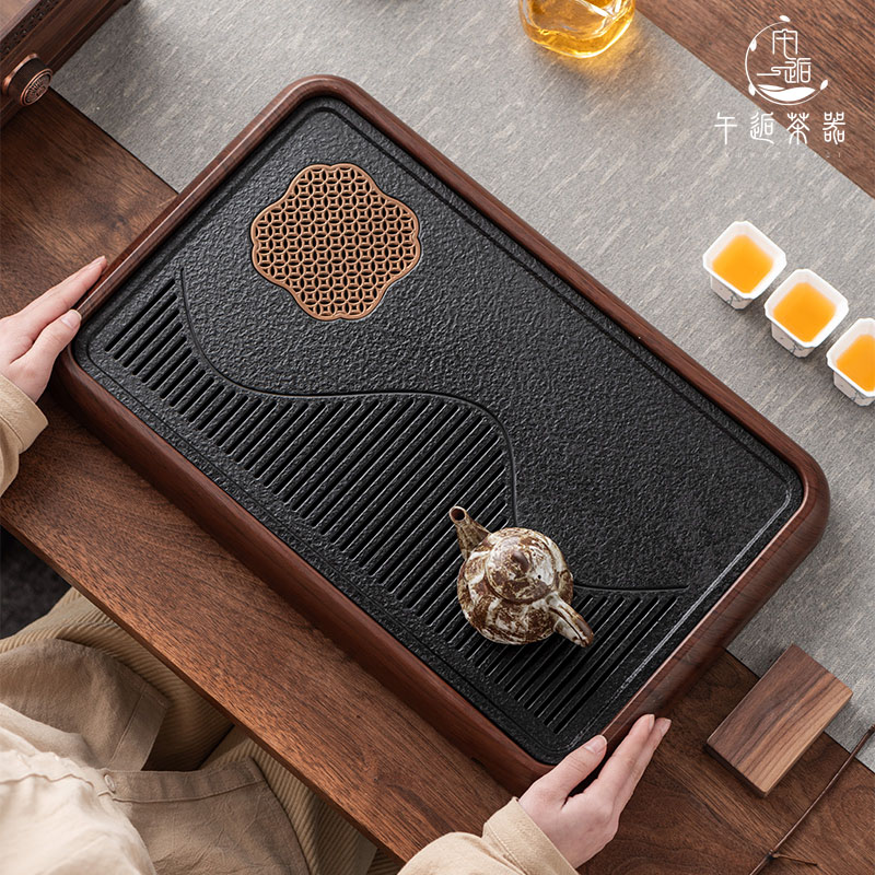 当代 远山乌金石花梨木茶盘家用小型茶台胡桃木简约蓄排两用托盘