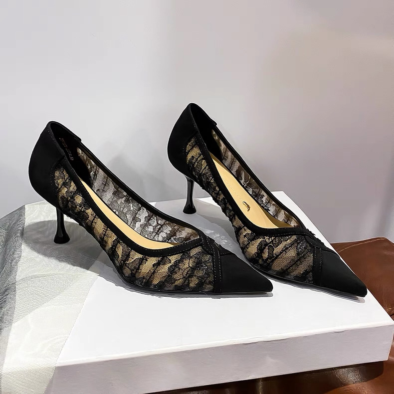 设计感网面蕾丝拼接浅口高跟鞋透气舒适性感2025春季新款26W1536