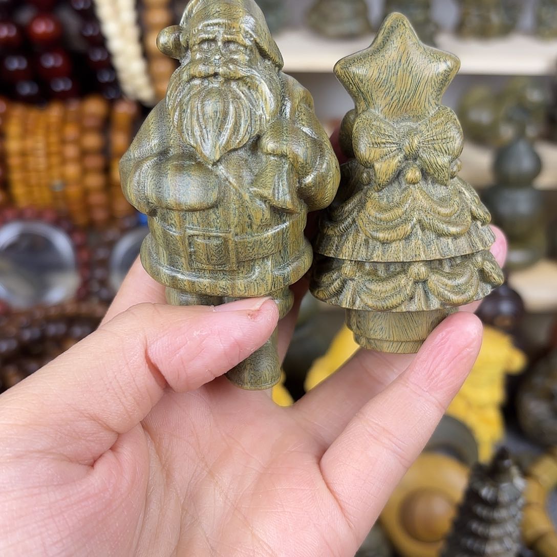 绿檀木摆件圣诞老人圣诞树一对