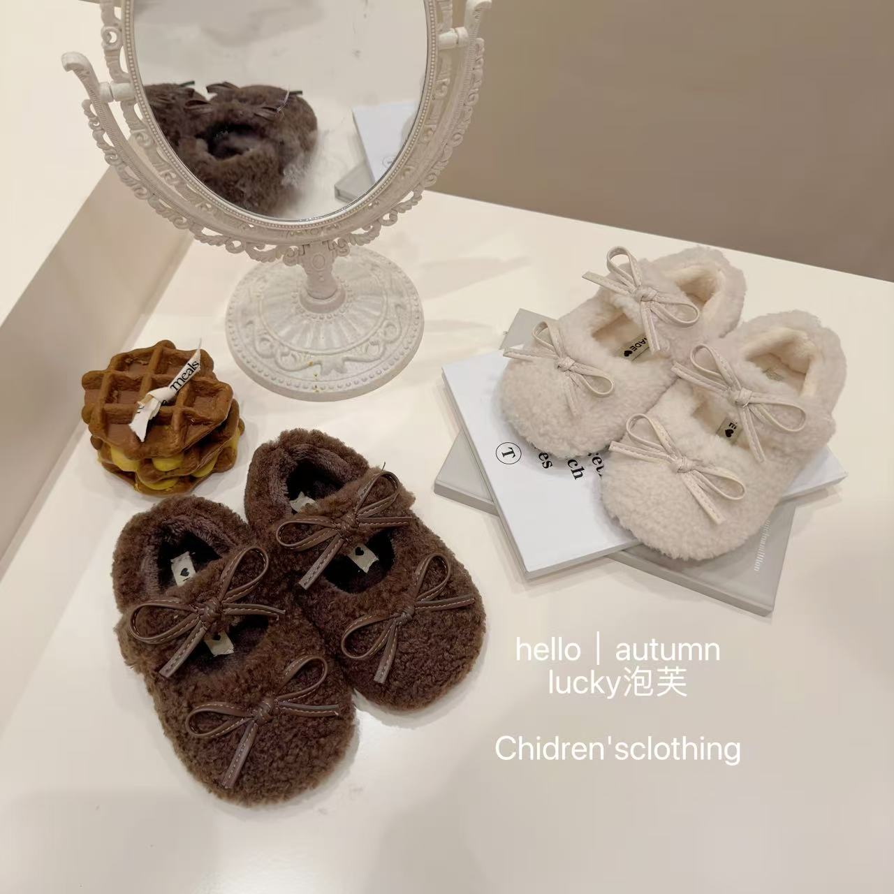 【lucky泡芙】穿搭博主！女童百搭蝴蝶结毛毛棉鞋冬季韩版玛丽珍棉鞋