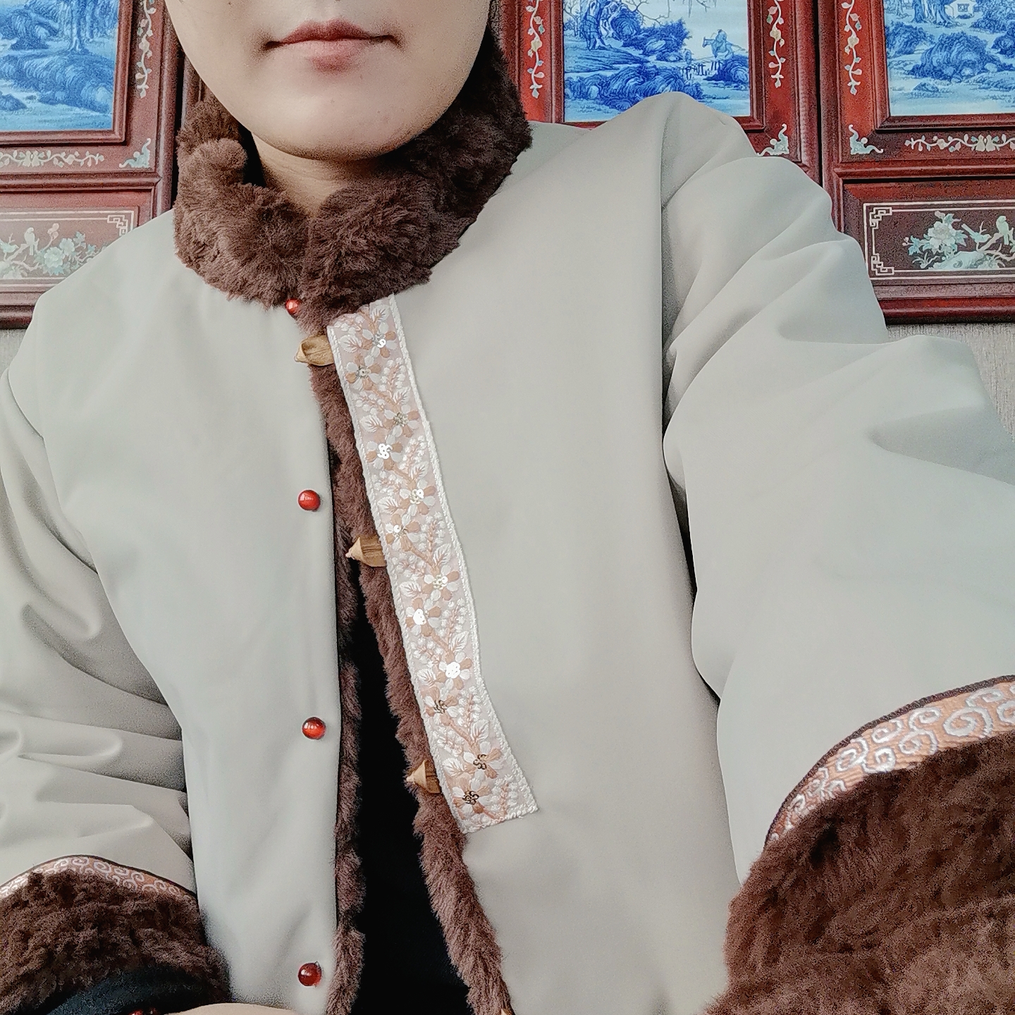 新中式国风咖色刺绣咖色毛毛派克服外套