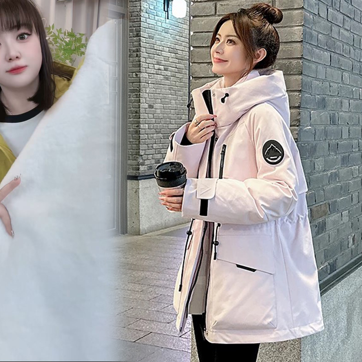 大码女装冬装新款加毛派克服外套胖妹妹中长款冲锋衣宽松显瘦收腰