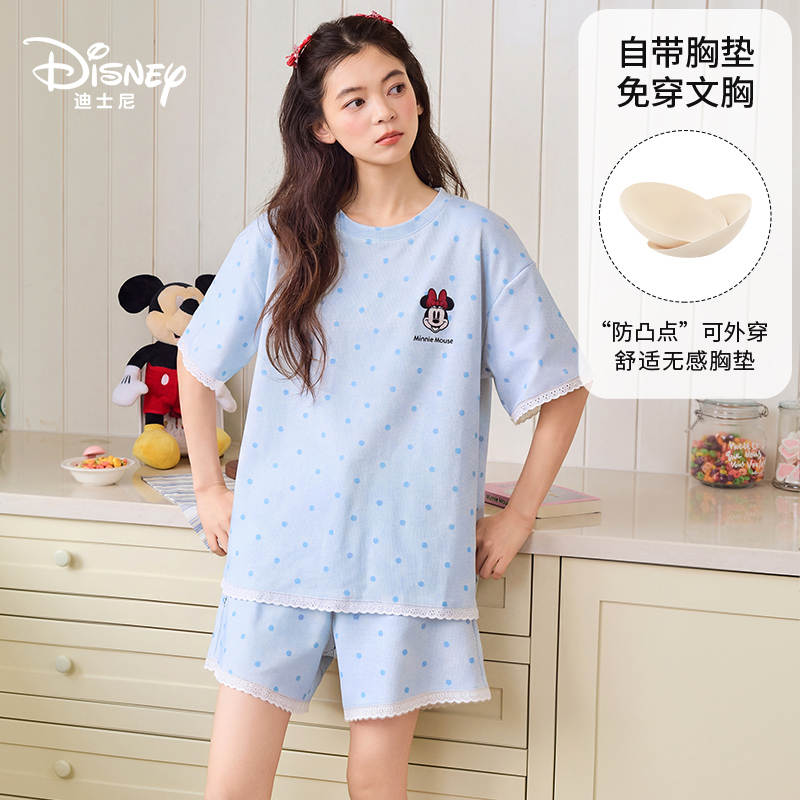 Disney迪士尼新款套头米妮纯棉短袖短裤带胸垫简约舒适家居服0457