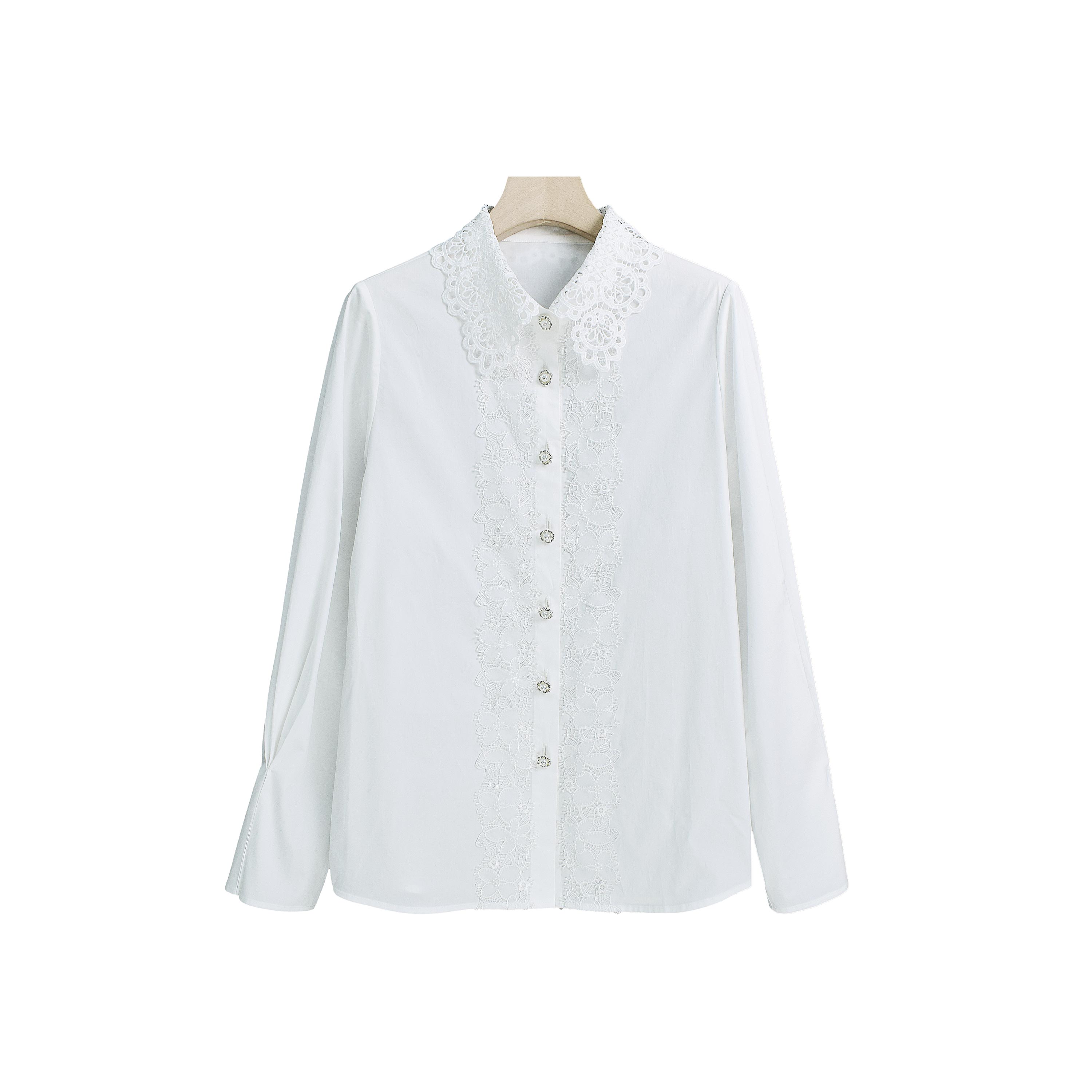 【越越-F】气质翻领钩花单排扣纯色长袖衬衫-Y14655