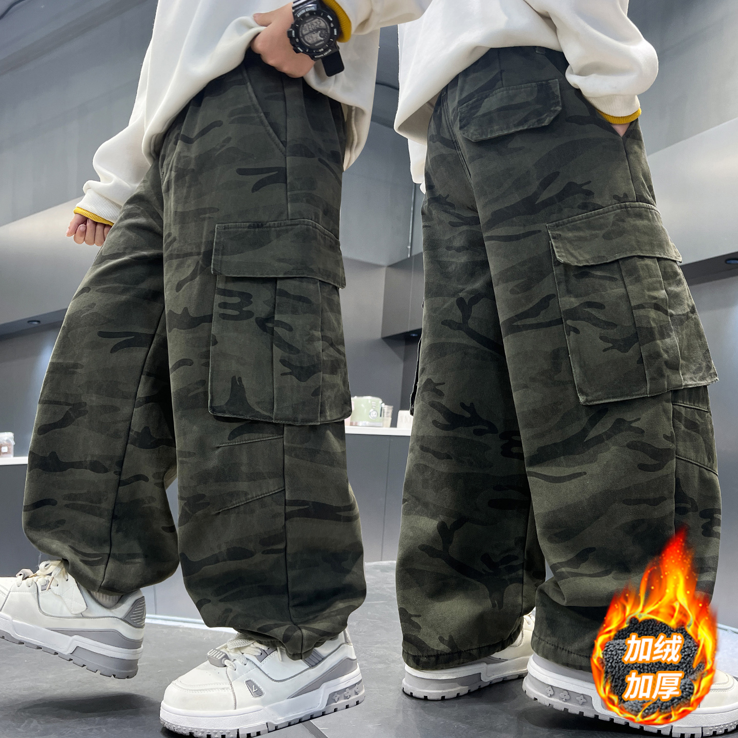 【加绒/不加绒】男童迷彩工装裤2025秋冬新款中大童痞帅阔腿裤子
