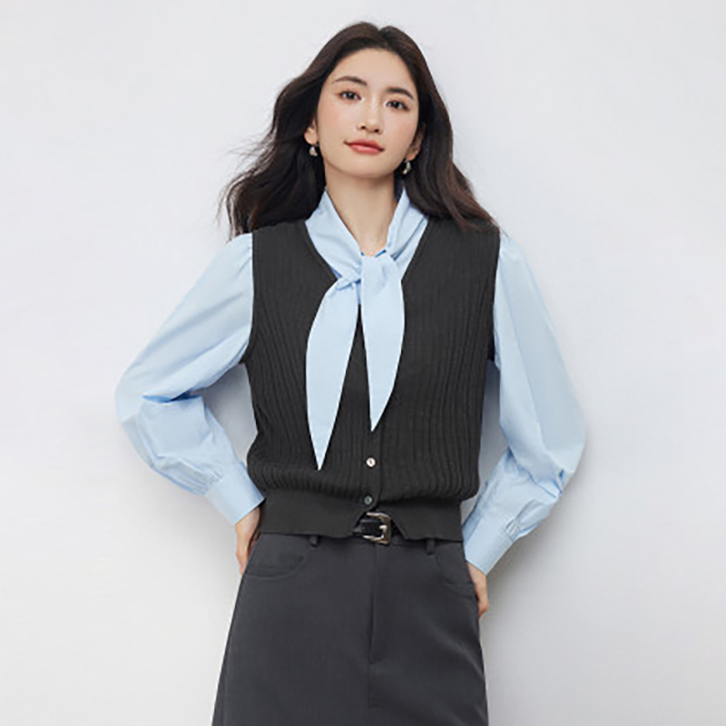 【朗文斯汀 旗舰同步】系带领假两件上衣学院风2025春三标齐全