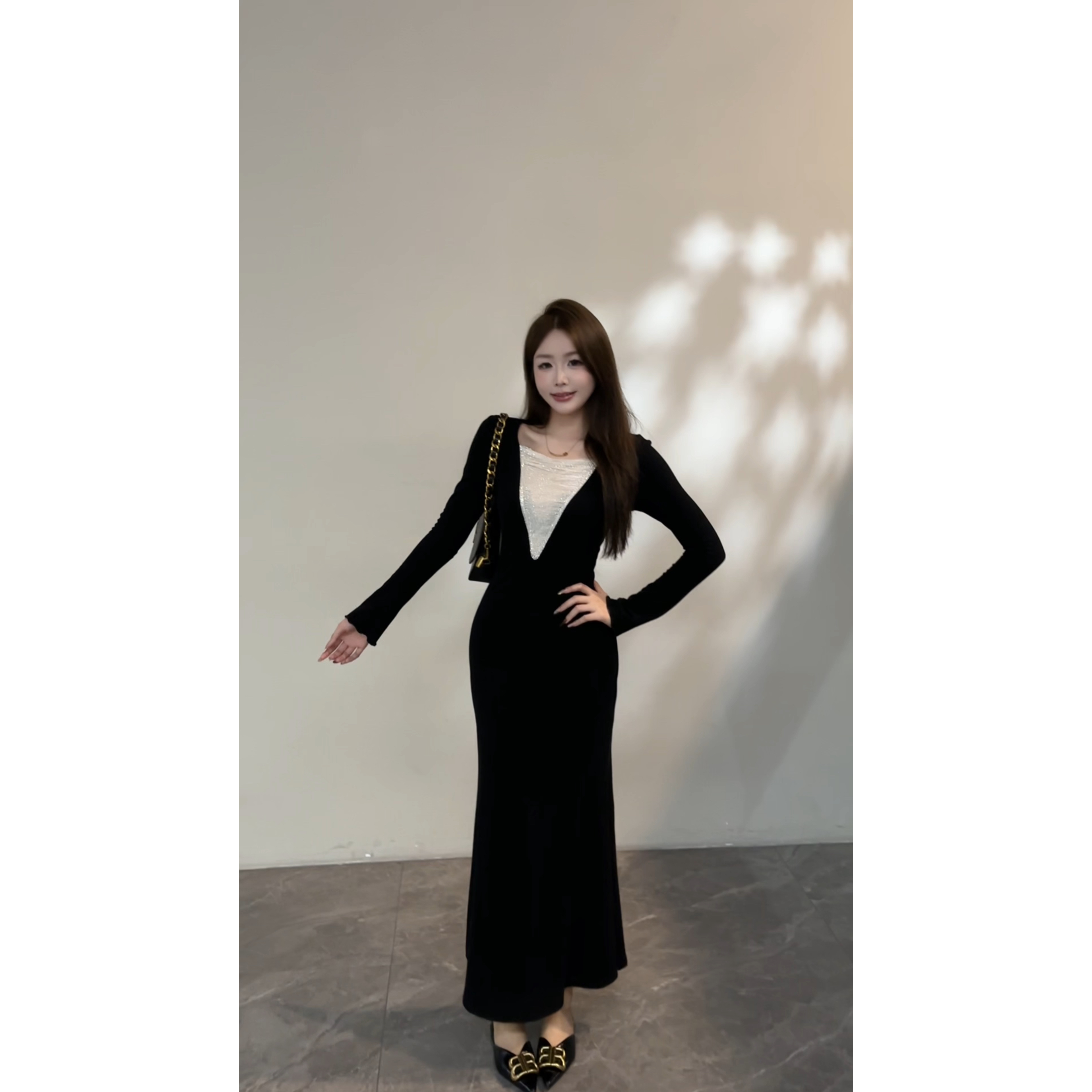 【六六】冬季新款轻奢名媛长袖抽褶收腰包臀鱼尾连衣裙DT1756