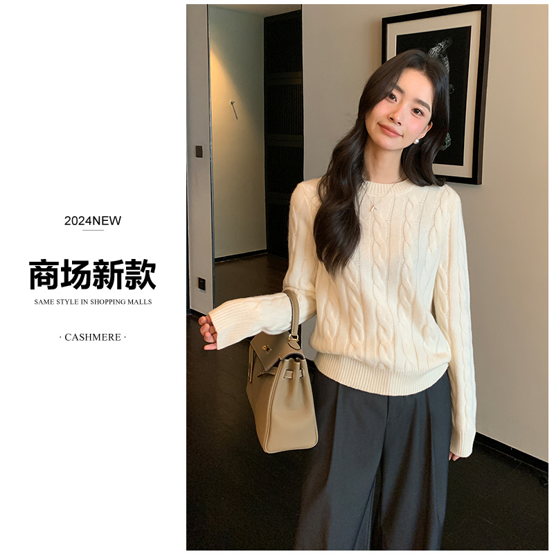 商场同款 重磅加厚纯羊毛圆领英伦麻花慵懒风套头外穿针织衫24155