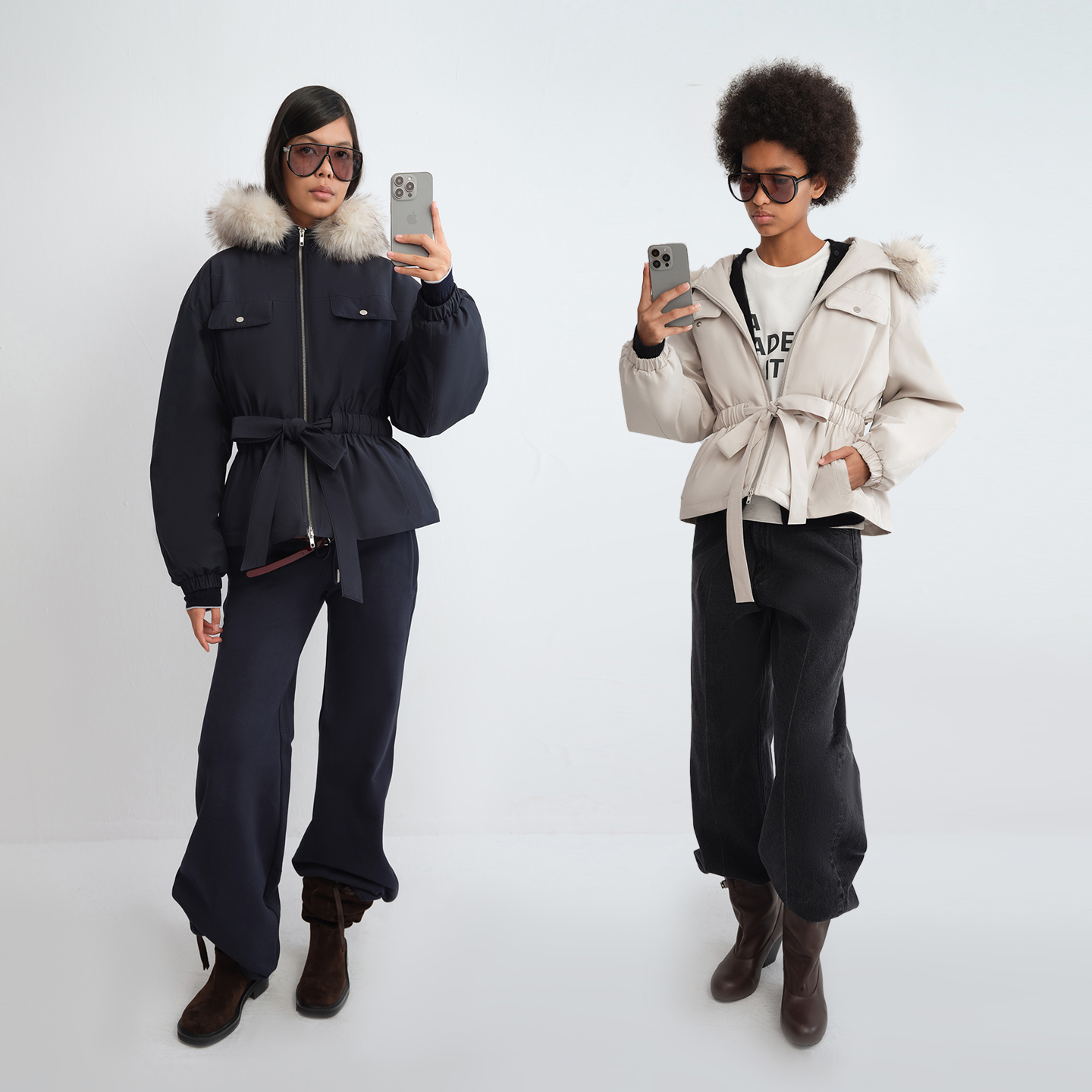 rarely alike【达播】可拆卸毛领连帽收腰棉服外套 米灰/藏蓝