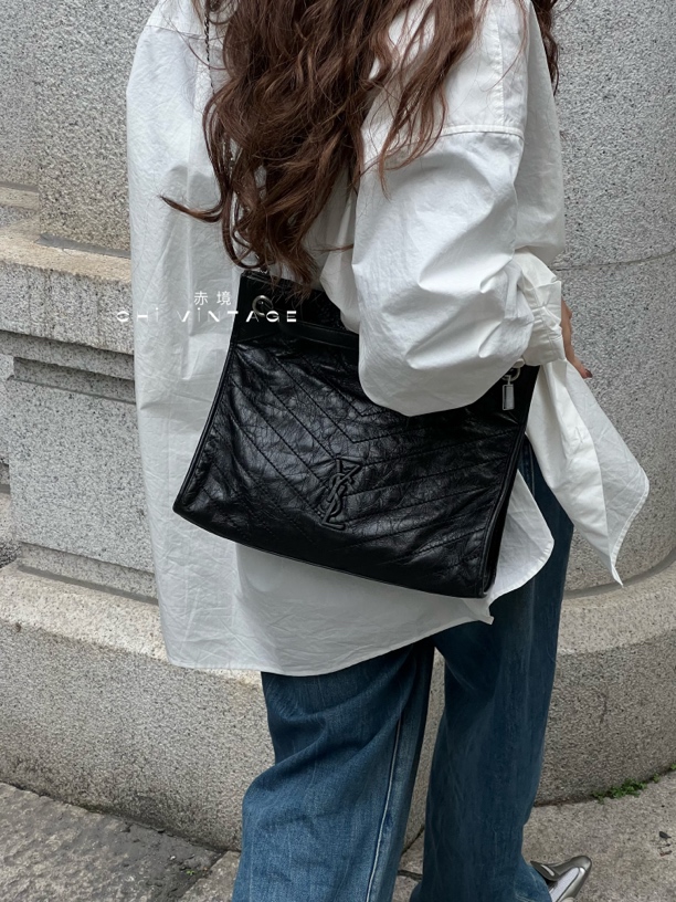 99新 YSL/圣罗兰 0249  黑银niki shopping bag单肩包