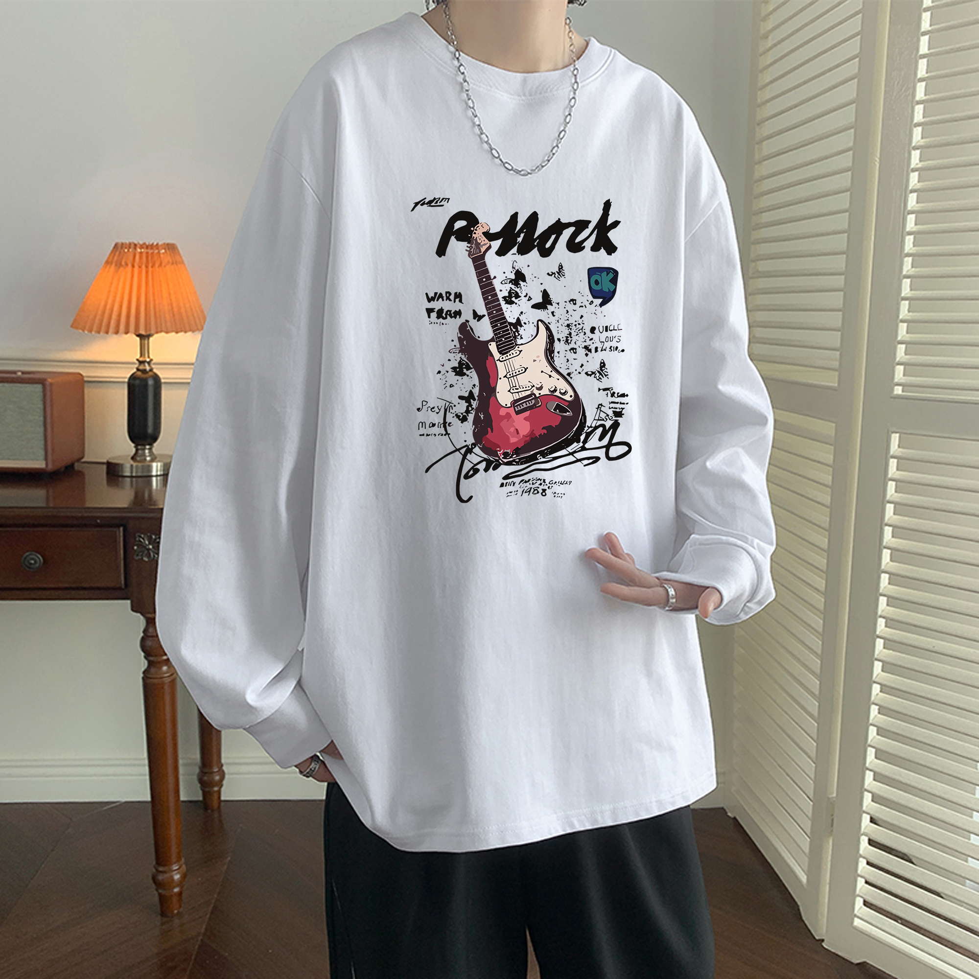美式复古潮牌吉他重磅纯棉长袖T恤男女秋季港风宽松圆领打底衫T