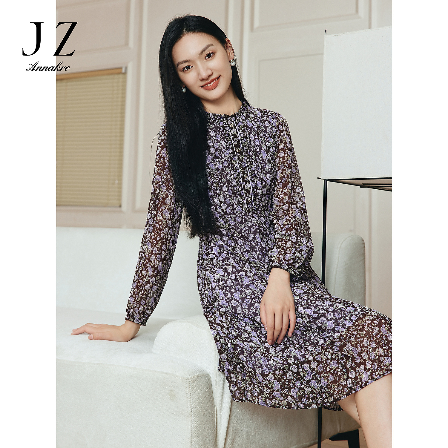 【籽言专属】玖姿安娜蔻JTEC50054木耳边雪纺X型连衣裙女