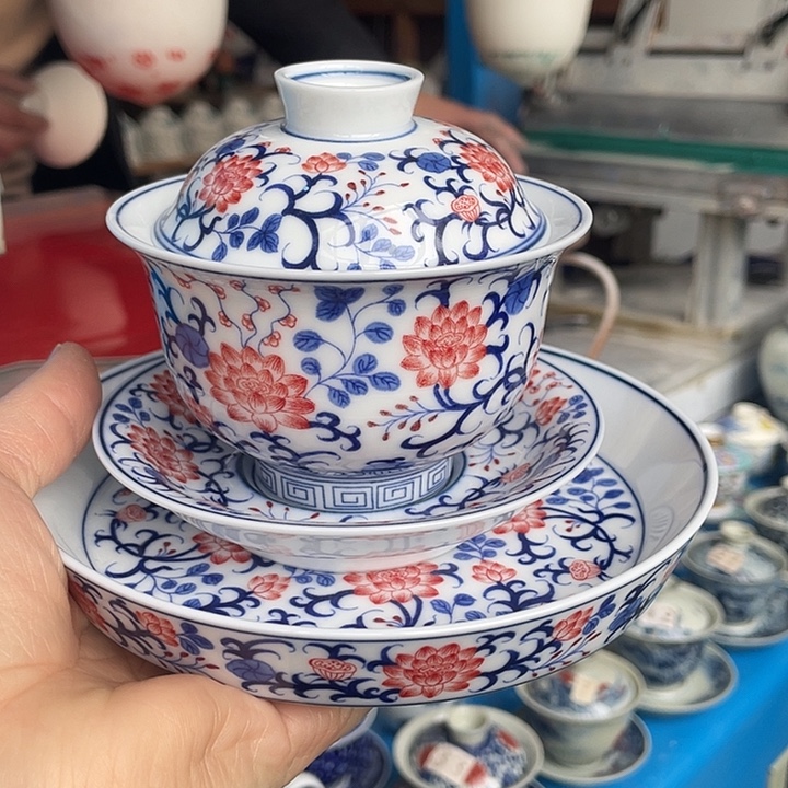 乐***ⁱ青花釉下彩盖碗小壶承