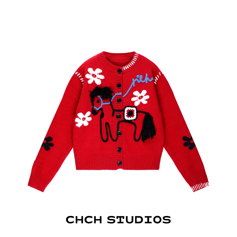 RAKS113804时尚宽松单排扣毛针织开衫2025年冬小马刺绣流苏外套女