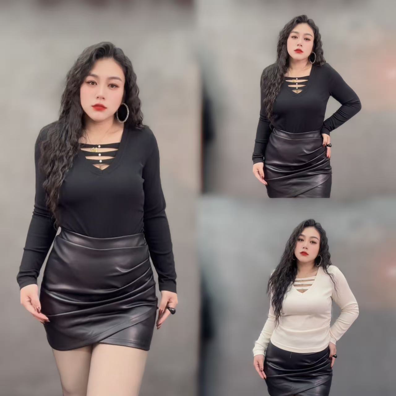 宋美人【美式辣妹】大码女装新款镂空v领正肩修身打底9329