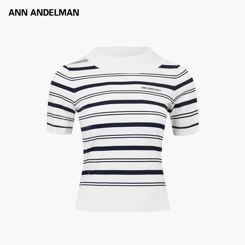 ANN ANDELMAN圆领修身套头短袖T恤女假两件条纹T毛织
