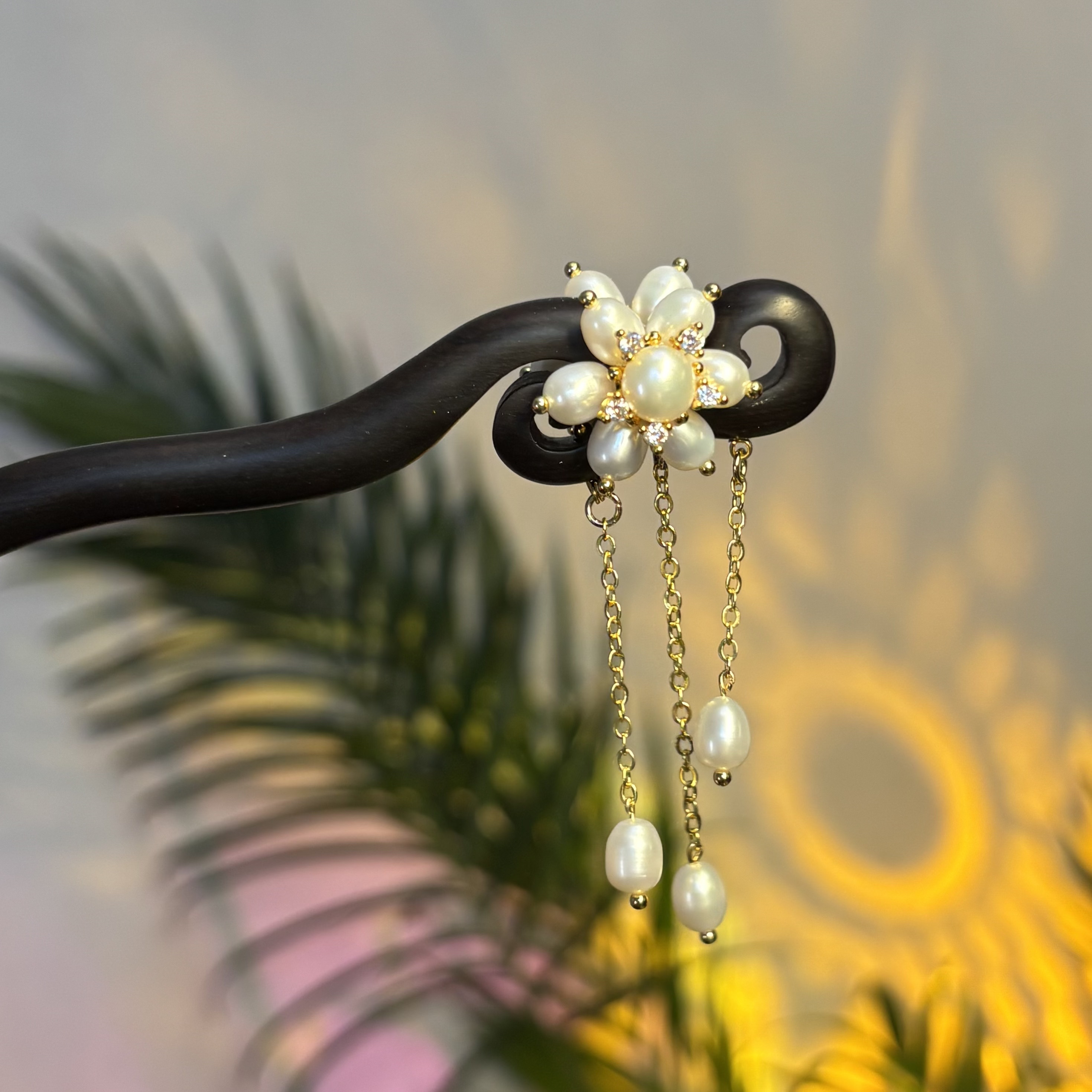 020黑檀木珍珠发簪子白色紫色流苏发簪