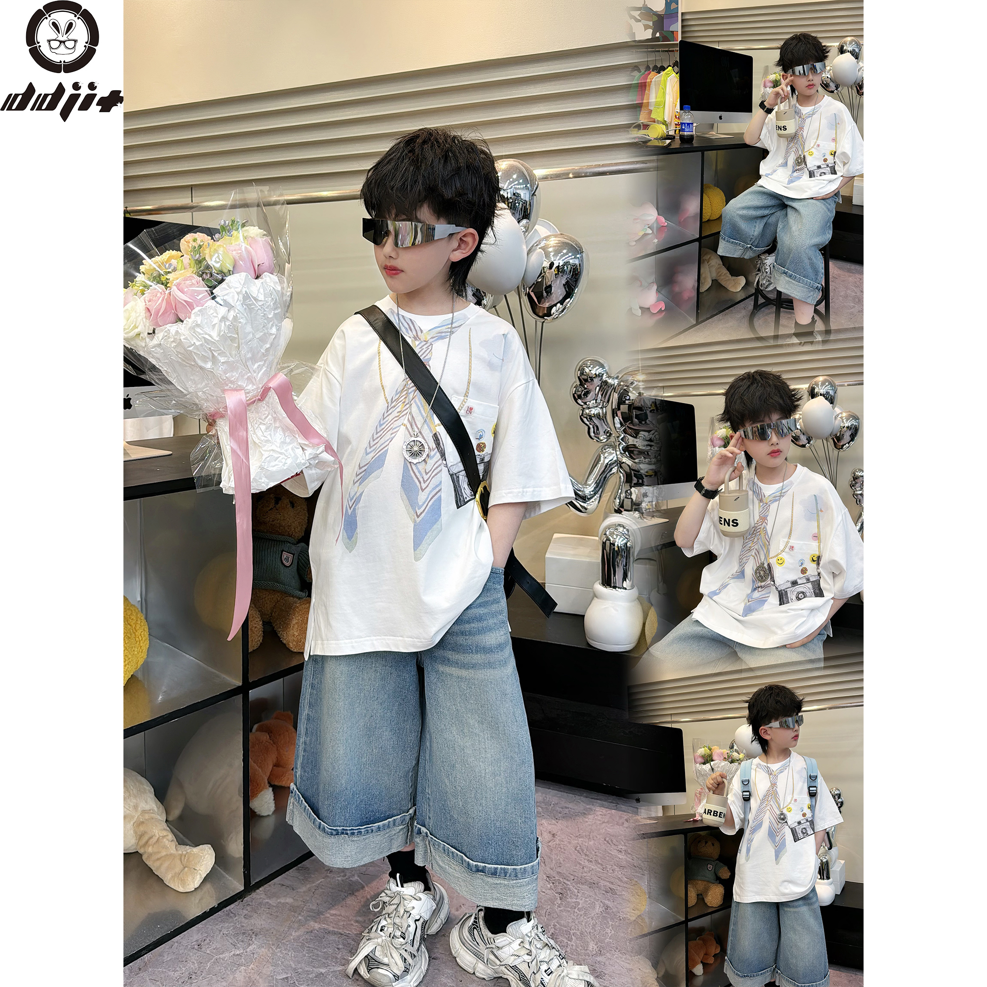 蛋蛋家【 领带相机】夏款时尚街头男童白色领带相机印花短袖T恤