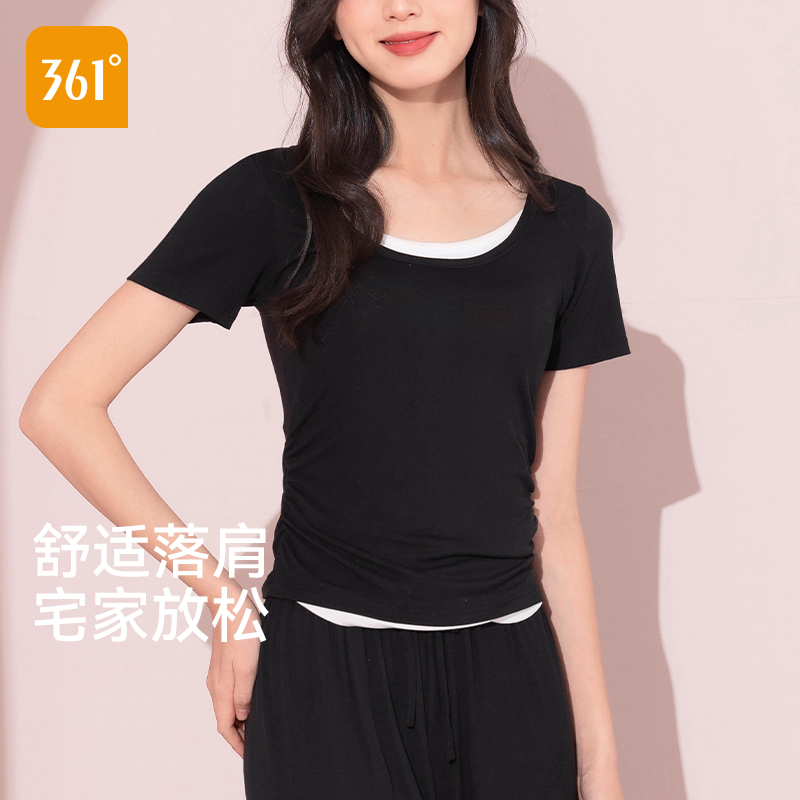 361°休闲家居服正肩假两件上衣微褶遮腹舒适显瘦短袖圆领针织T恤